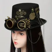 Steampunk Top Hat with Metal Chain and Goggles - Victorian Headdress Costume Accessory for Women - Perfect for Halloween and Cosplay