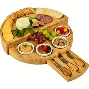 1 Set Bamboo Cheese Board Set With Integrated Slide-Out Drawer And Foldable Storage - Perfect For Family And Friends Gatherings And Celebrations