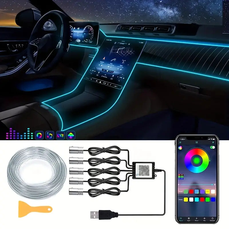 Car Led Strip Lights,Interior Lights,RGB 5 In 1 Ambient Lighting Kit,Led Light Bar For Car With Music Sync Function,USB Neon Light Accessories