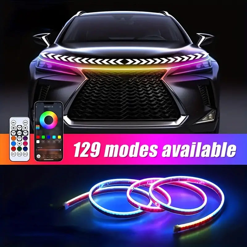 RGB Colorful Car LED Hood Lights Strip Drl Daytime Running Lights Headlight Decorative Light Auto Bar APP Remote Control 12v Car Ambient Light