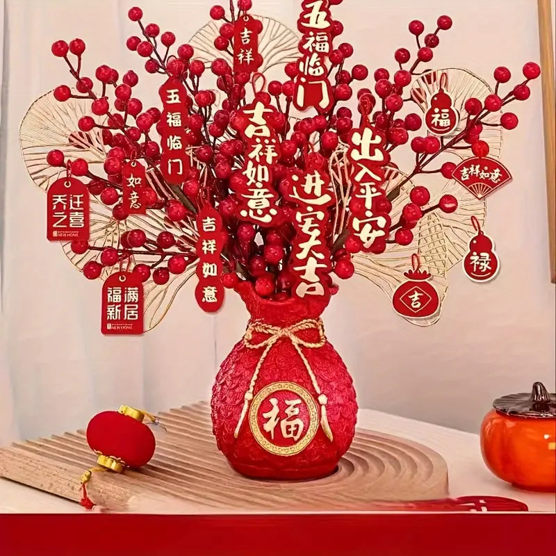 1pc Artificial Red Fruit Lucky Bag Vase, Suitable For Living Room Home Table Decor, Chinese New Year Fortune Fruit Simulated Flower Ornament