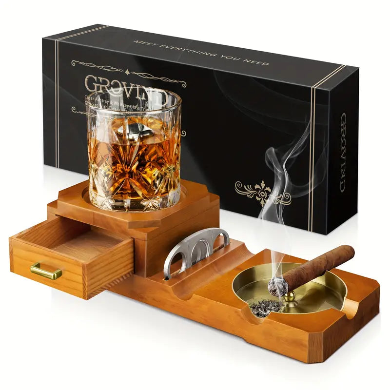 1pc Cigar Ashtray, Whiskey Glass Tray And Wooden Ashtray, Removable Outdoor Ashtray, Cigar Accessories Gift Set With Cigar Clippers, Great Decorations For Home Office, Cigar Gifts For Men