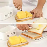 1 Set, Butter Dish With Bamboo Lid And Butter Knife, Large Ceramic Butter Box, Ideal For Kitchen Baking And Gifting, Airtight Butter Keeper Container For Countertop Or Refrigerator, Home Kitchen Items