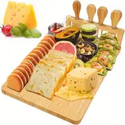 1 Set, Bamboo Cheese Board, Cheese Tray With 4 Cheese Knfie Set, Charcuterie Board And Serving Plate, Cheese Knife, Cheese Slicer, Cheese Fork, Kitchen Cooking Tools, Bamboo Cutting Board, Wood Cheeses Boards, Kitchen Stuff