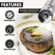 Electric Salt And Pepper Grinder Set - Battery Operated Stainless Steel Mill With Light - Automatic One Handed Operation - Electronic Adjustable Shakers - Ceramic Grinders