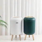 1pc 2.51gal Simple Fashion Trash Can, Round Wooden High Feet Press-Type Garbage Bin, Plastic Waste Basket For Bathroom Living Room, Toilet Refuse Bin, Household Item