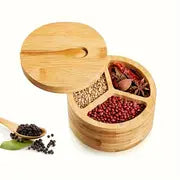 1pc, Salt Box, Bamboo Salt Box, Salt Cellar, Bamboo Salt Cellar, Wooden Storage Box, Spice Storage Box With Spoon, Creative Salt Cellar, Seasoning Container With Magnetic Lid, Kitchen Stuff, Kitchen Gadgets, Back To School Supplies