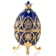 1pc, Egg Jewelry Box, Enameled Faberge Egg Style Decorative, Easter Eggs Jewelry Trinket Box Unique Egg Jewelry Organizer, Metal Box Classic Ornaments Gift For Home Decor, Blue