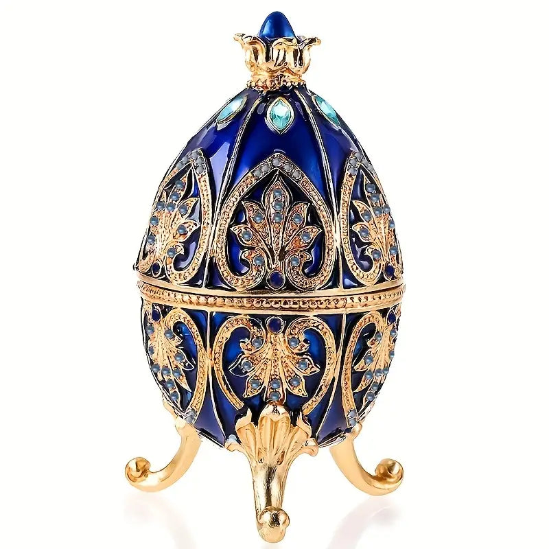 1pc, Egg Jewelry Box, Enameled Faberge Egg Style Decorative, Easter Eggs Jewelry Trinket Box Unique Egg Jewelry Organizer, Metal Box Classic Ornaments Gift For Home Decor, Blue