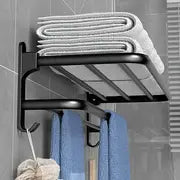 1pc Towel Rack, Punch Free Folding Holder, Towel Hanger, Bathroom Accessories, Wall-Mounted Shower Hanger With Hook, Black/Gray Bathroom Shelf