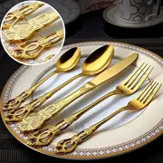 20pcs Golden Stainless Steel Silverware Set, Hollow Handle Dinner Knife Fork Spoon Teaspoon Set, Vintage Royal Mirror Polished Home Hotel Restaurant Wedding Birthday Party Utensils, Dishwasher Safe, Kitchen Accessories