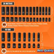 50pcs 3/8" Drive Impact Socket Set, Standard SAE (5/16 To 3/4 Inch) And Metric (8-22mm) Size, 6 Point, Cr-V, 3/8-Inch Drive Ratchet Handle, Drive Extension Bar, Impact Universal Joint