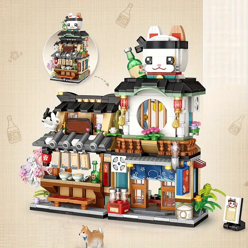 Japanese Street View Izakaya Shop Mini Building Blocks, MOC Creative Japanese Toys Model Set, Home Decoration Desktop Decoration, 789 PCS Simulation Architecture Construction Toy