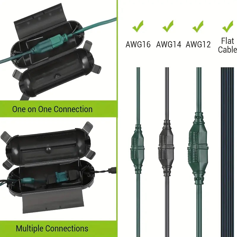 3pcs Outdoor Extension Cord Cover - Black/Green Weather Resistant Plug Connector Safety Seal For Outside