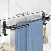 1pc Towel Rack, Punch Free Folding Holder, Towel Hanger, Bathroom Accessories, Wall-Mounted Shower Hanger With Hook, Black/Gray Bathroom Shelf