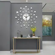 1pc Modern 3D Crystal Wall Clock, 12.4 Inch Metal Silver Mirror Sparkling Bling Diamond-Studded Wall Decor, Clock Round Design Metal Digital Needle Housewarming Gift For Living Room Bedroom Office