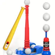 3 In 1 Kids Baseball Toy Set, For Kids 3-5 Years Old, With Hanging Ball Holder/Standing T-BALL/Auto Launcher/6 Baseballs, Adjustable Height Toddler Baseball Set Indoor Outdoor Sports Gift Toy