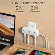 SUPERDANNY 9 AC Outlets & 3 USB Wall Charger: 360° Rotating Plug Outlet Extender With Surge Protector - 4-Sided Swivel Wall Plug Extender For Home, Office & Travel