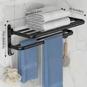 1pc Towel Rack, Punch Free Folding Holder, Towel Hanger, Bathroom Accessories, Wall-Mounted Shower Hanger With Hook, Black/Gray Bathroom Shelf