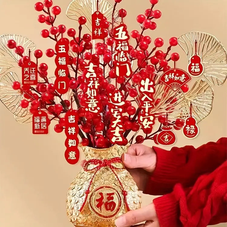 1pc Artificial Red Fruit Lucky Bag Vase, Suitable For Living Room Home Table Decor, Chinese New Year Fortune Fruit Simulated Flower Ornament