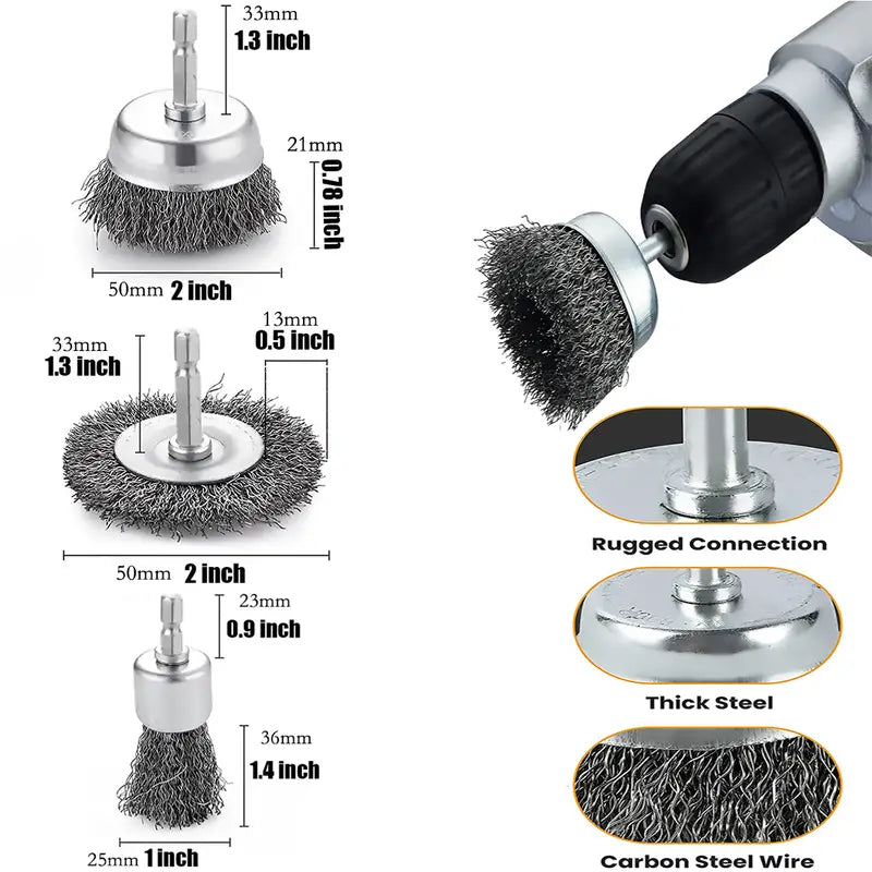 3pcs  Wire Brush Wheel Cup Brush Set, Wire Brush For Drill 1/4 Inch Hex Shank 0.012 Inch Coarse Carbon Steel Crimped Wire Wheel For Cleaning Rust, Stripping And Abrasive, For Drill Attachment