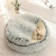 Plush Round Hooded Pet Bed, Warm Dog Bed For Small Dogs, Fluffy Soft Cat Bed, Donut Pet Cushion