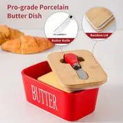 1 Set, Butter Dish With Bamboo Lid And Butter Knife, Large Ceramic Butter Box, Ideal For Kitchen Baking And Gifting, Airtight Butter Keeper Container For Countertop Or Refrigerator, Home Kitchen Items