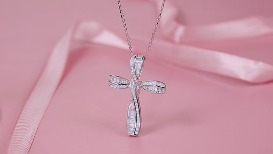 Yellow gold-plated sterling silver cubic zirconia Cz simulation diamond cross cross pendant necklace jewelry Easter gift for women and girls, 18"silver chain nice gift jewelry box