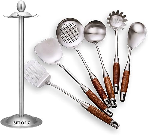 Kitchen utensils set–6 pieces of stainless steel cooking utensils, with rotating bracket storage rack, including scribing spoon, scribing spatula, large spoon, soup spoon, spatula, spatula, silver / 7 piece set