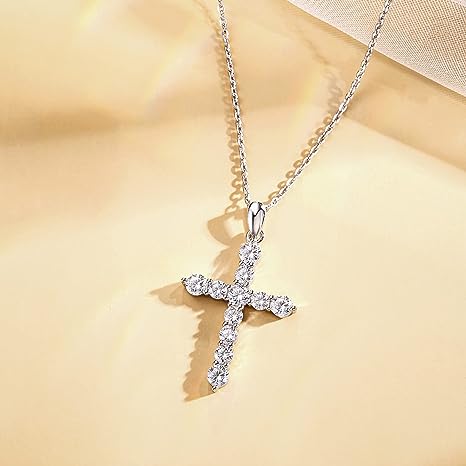 Yellow gold-plated sterling silver cubic zirconia Cz simulation diamond cross cross pendant necklace jewelry Easter gift for women and girls, 18"silver chain nice gift jewelry box