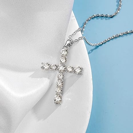 Yellow gold-plated sterling silver cubic zirconia Cz simulation diamond cross cross pendant necklace jewelry Easter gift for women and girls, 18"silver chain nice gift jewelry box