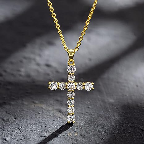 Yellow gold-plated sterling silver cubic zirconia Cz simulation diamond cross cross pendant necklace jewelry Easter gift for women and girls, 18"silver chain nice gift jewelry box